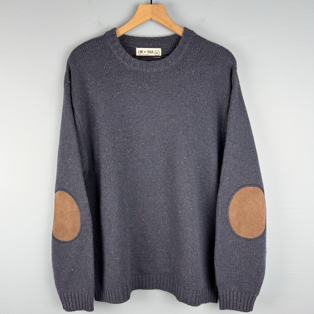 Line of Trade‎ Mens 2XL Blue Wool Blend Elbow Patch Crew Neck Pullover Sweater